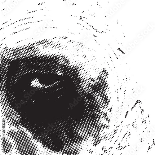 A close-up portrait of an eye reveals a focused gaze within a textured dot