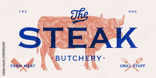 Cow, bull, beef head, meat tag label. Template Meat Tag Label. Vintage print, tag, label pig sketch ink pencil drawing. Butchery cow, bull, beef head meat shop, text, typography. Vector Illustration