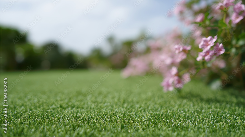 Lush green lawn with pink flowers in background Lush green lawn with pink flowers in background