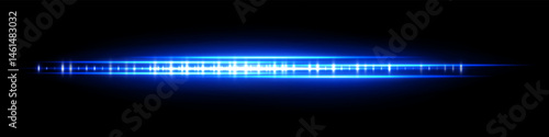 Blue glowing waveform with soft flare and reflection, radiating light intensity and dense central pattern. Used for futuristic audio display, signal visualization or interface effect.