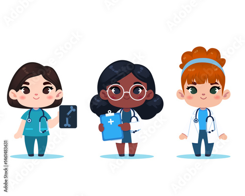 Set of famale doctor cartoon characters. Medical staff team concept