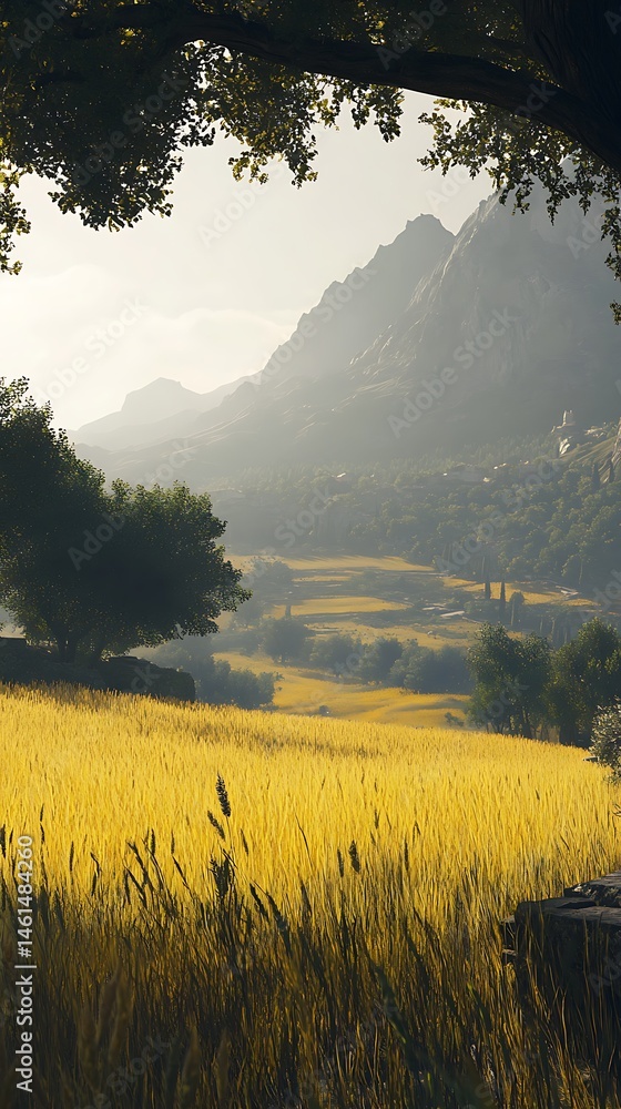 Obraz premium Golden wheat field and mountain range