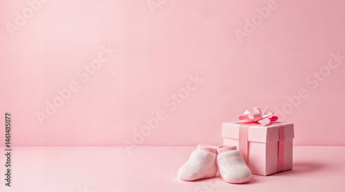 Wallpaper Mural Pair of small baby socks and gift box on pink background with copy space for your warm message, baby shower, first newborn party background, copy space Torontodigital.ca
