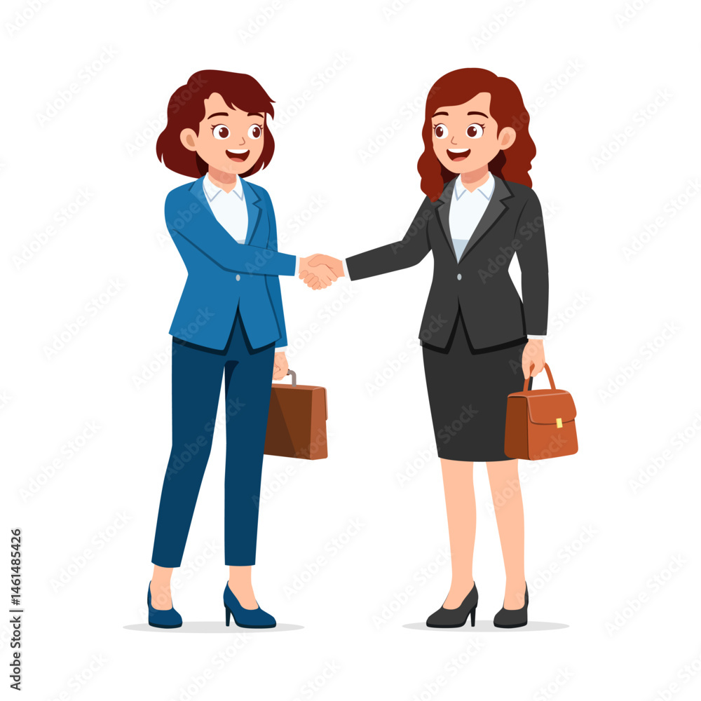 Two Businesswoman Shaking Hands While Holding Briefcase in Business Meeting Illustration Two Businesswoman Shaking Hands While Holding Briefcase in Business Meeting Illustration