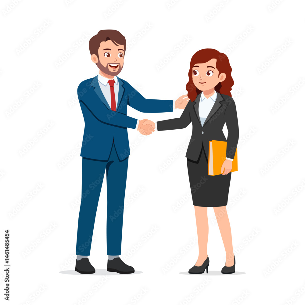 Cheerful businessman and businesswoman shaking hands happily after successful negotiation in meeting Cheerful businessman and businesswoman shaking hands happily after successful negotiation in meeting