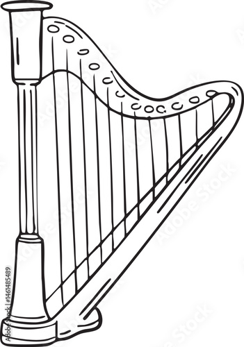 A detailed black and white drawing of a harp.