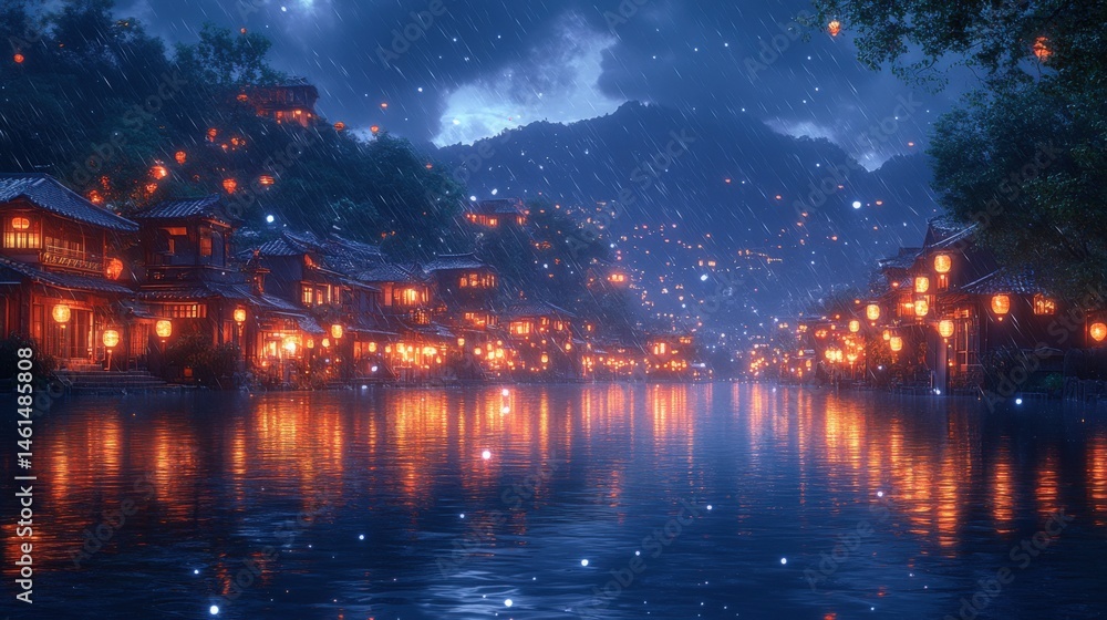 Scenic view of a village with lights reflecting on the still water in rainy night Scenic view of a village with lights reflecting on the still water in rainy night