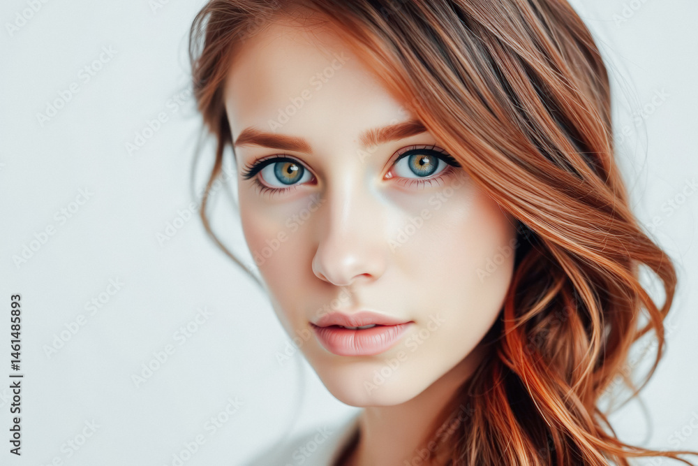Naklejka premium Close-Up Portrait of a Redhead Woman with Stunning Eyes
