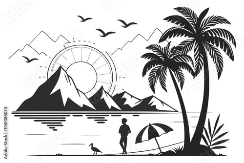 95 Black and white tropical landscape, silhouette of palm trees, calm lake reflection, stylized sun, geometric sunset, mountains in background, birds flying, lone figure standing, beach umbrella, mini