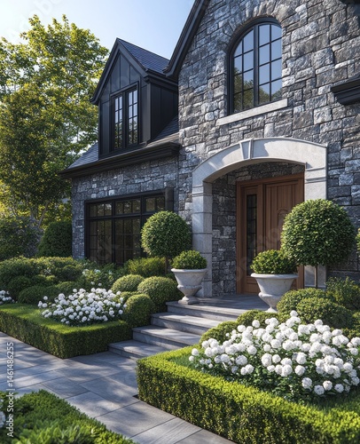 Luxury stone house, landscaped garden, sunny day, suburban setting, real estate