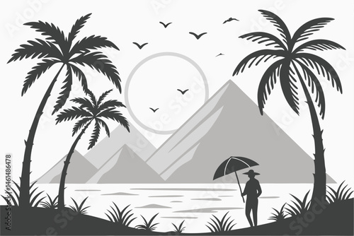 95 Black and white tropical landscape, silhouette of palm trees, calm lake reflection, stylized sun, geometric sunset, mountains in background, birds flying, lone figure standing, beach umbrella, mini