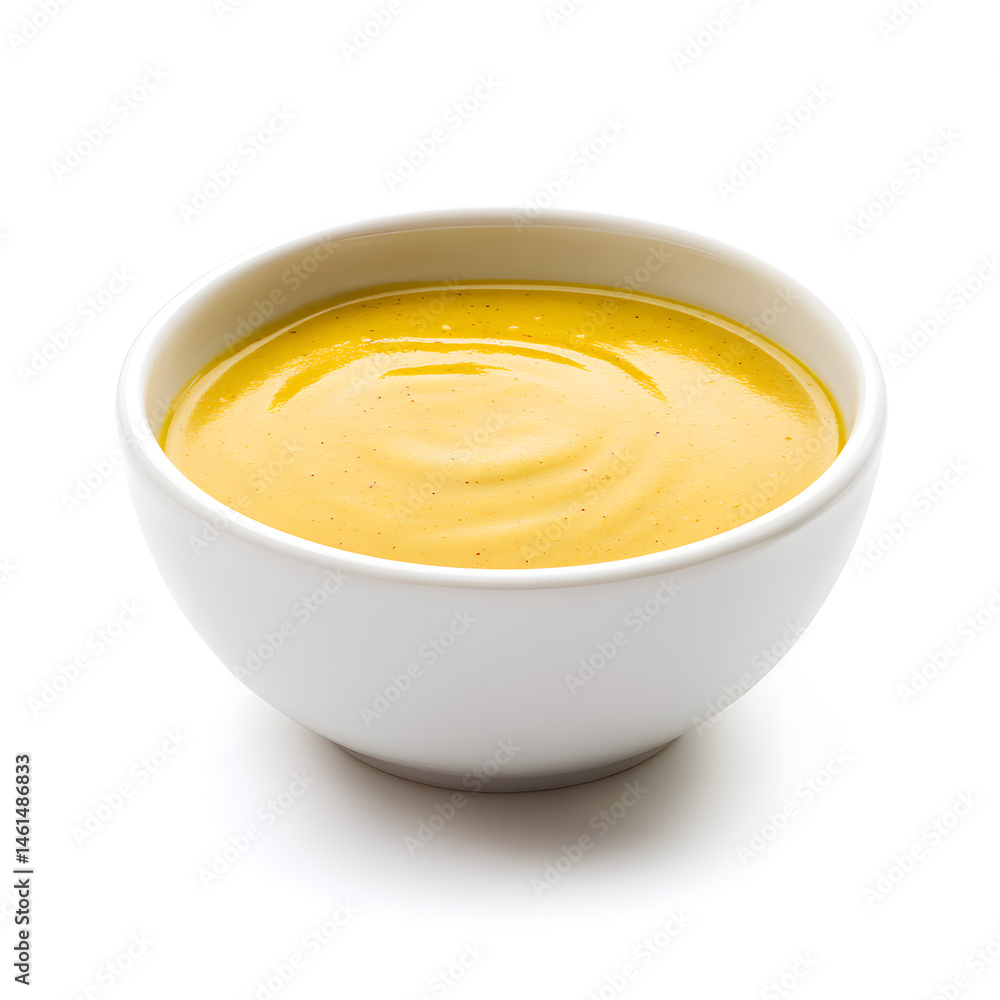 Mustard sauce on white bowl, isolated on white background Mustard sauce on white bowl, isolated on white background