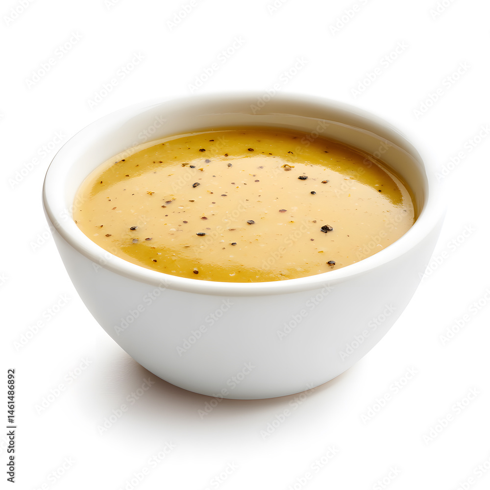 Mustard sauce on white bowl, isolated on white background Mustard sauce on white bowl, isolated on white background