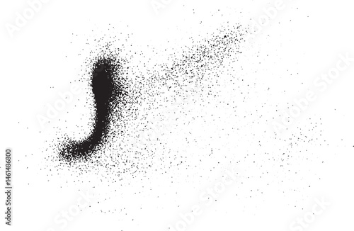 A dark curved streak disperses across a white background.