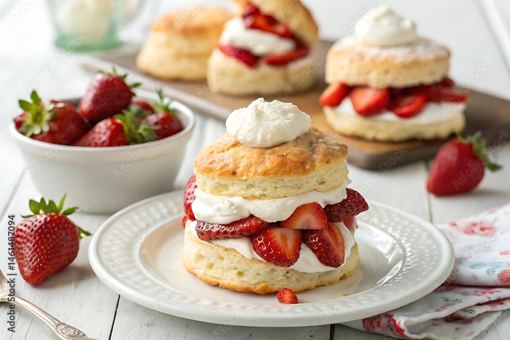 Close-up of a delicious strawberry shortcake with cream and fresh strawberries. Close-up of a delicious strawberry shortcake with cream and fresh strawberries.