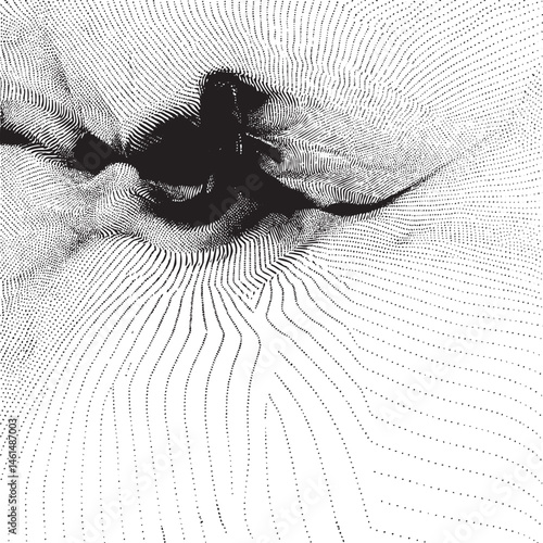 A close-up reveals a partial face with intricate flowing lines.