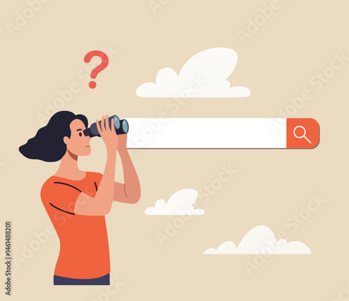 Young woman looking in binocular on search bar. Flat style cartoon vector illustration.