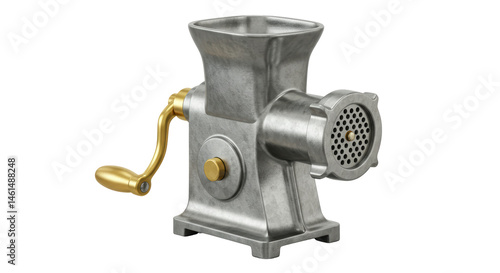 Isolated Vintage Meat Grinder with Golden Accents