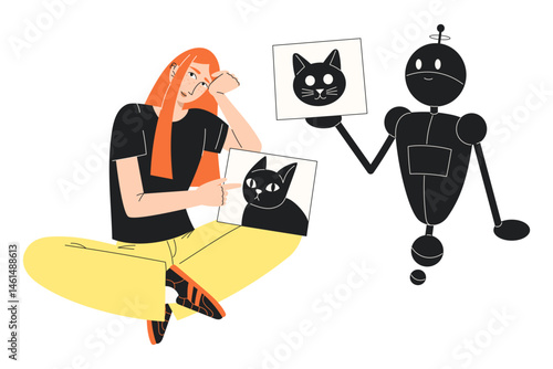 Human made painting versus AI generated image. Artistic creativity compared to artificial intelligence. Flat vector illustration