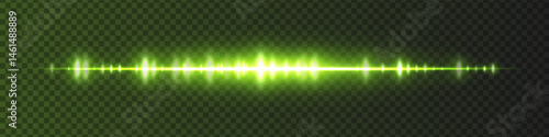 Green waveform with moderate glow and sharp amplitude peaks on dark transparent background. Great for sound recording apps, music editing interfaces, or streaming visuals.