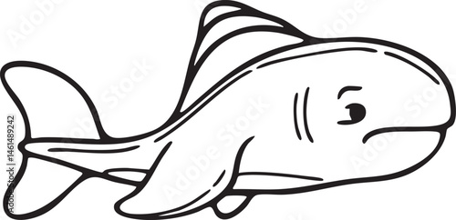 A stylized black and white depicts a swimming fish.