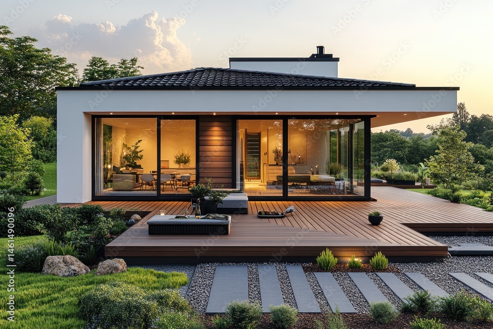 Fototapeta premium Modern house, sunset, deck, garden, landscape, home design, real estate