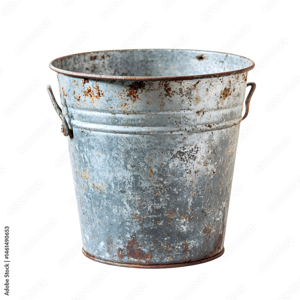 Rustic, weathered metal bucket with handles. Gray-toned, oxidized finish. Circular shape. Ideal for plants or decorative accents Rustic, weathered metal bucket with handles. Gray-toned, oxidized finish. Circular shape. Ideal for plants or decorative accents