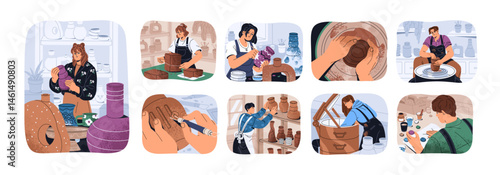 People do ceramics set. Artisans create crockery with pottery wheel in workshop. Potters work with clay, making handmade ware, vase in art class. Flat isolated vector illustrations on white background