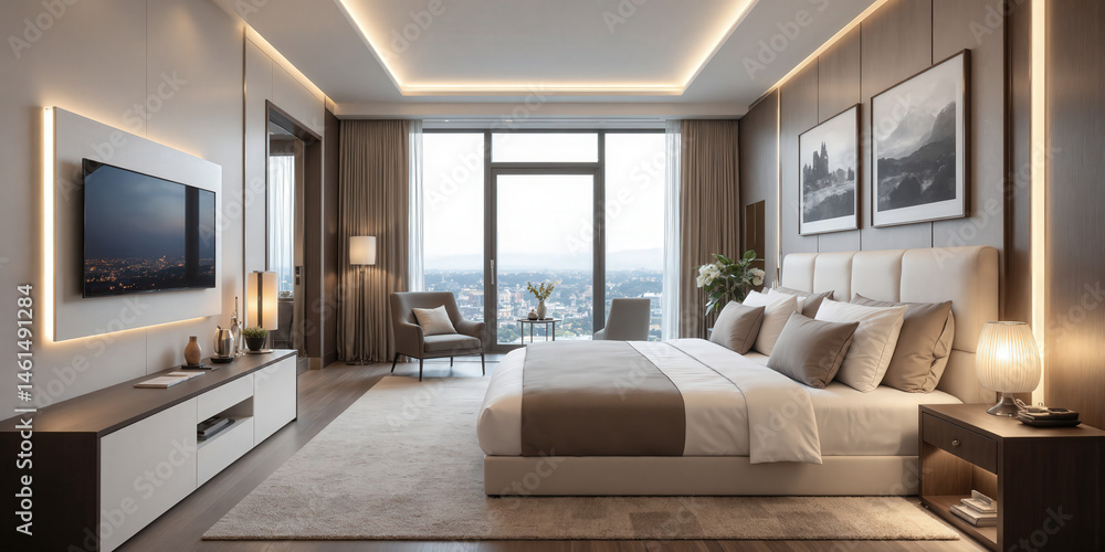 Fototapeta premium Luxury Bedroom City Apartment Interior Elegant master bedroom with city skyline view through window