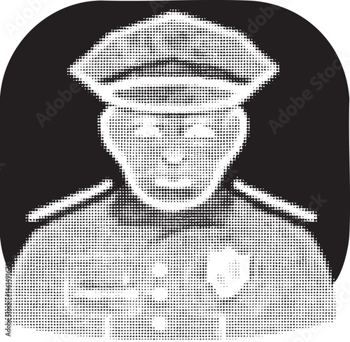 A uniformed individual with a peaked cap gazes intently forward.