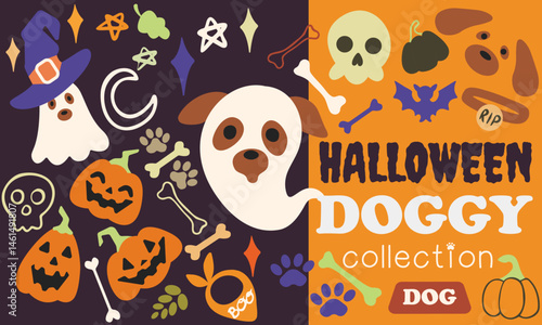 Vector dog halloween collection of different elements. Dog faces, dog paws, skulls, dog bones, ghosts, pumpkins, stars
