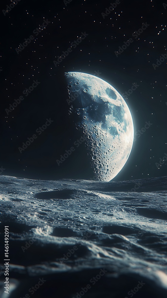 Fototapeta premium Lunar surface and starry sky celestial scene