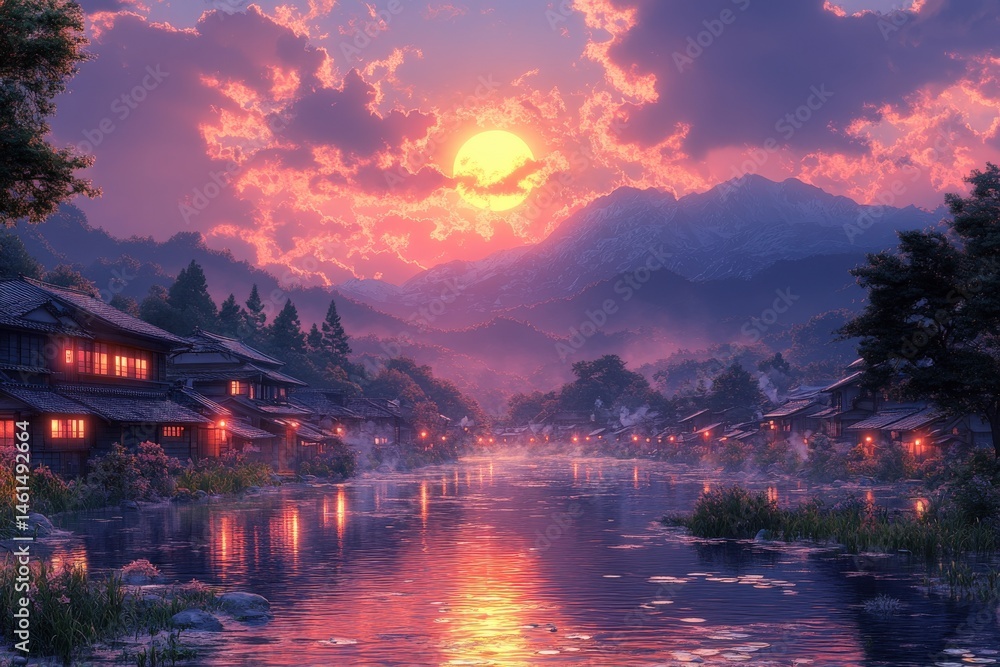 Fototapeta premium Serene riverside town, warm lights reflect off water under a sunset sky