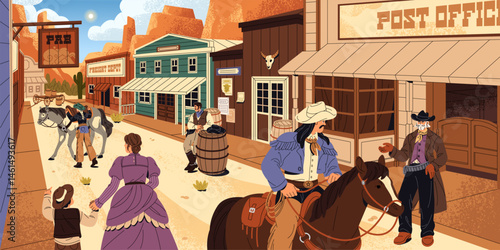 Panorama of old Western American city with buildings' facades and walking people. Wild west town scenery with cowboy riding a horse in historic Texas. Cityscape in desert. Flat vector illustration