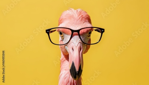 A striking flamingo with glasses stands confidently, set against a bright yellow background, creating a fun and memorable portrait.