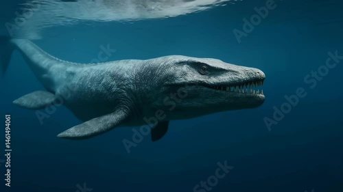 Ferocious Mosasaurus breaching near ocean surface with open jaws, thrilling prehistoric action in 4K