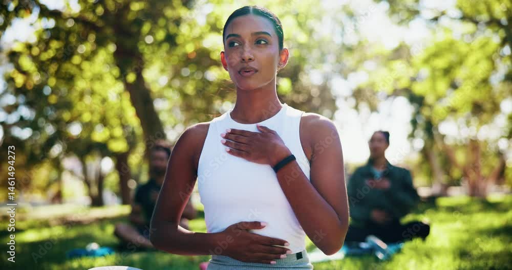 Nature, breathing and woman in park for meditation with calm, peace or health exercise. Wellness, balance and female person with warm up, zen or chakra activity for yoga class outdoor in field.