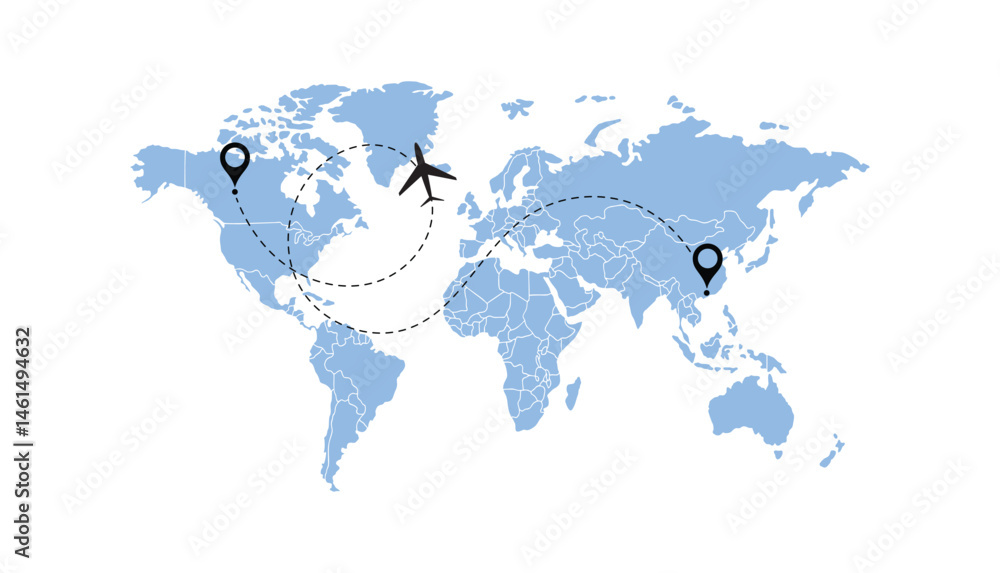 Naklejka premium world map, flying white airplanes routes vector illustration