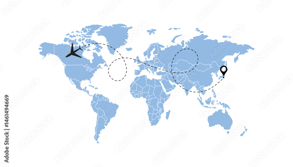 Fototapeta premium world map, flying white airplanes routes vector illustration