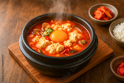 Korean soft tofu stew with raw egg and rice