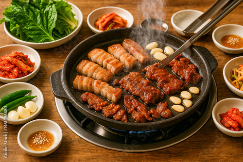 Korean BBQ with Side Dishes and Vegetables
