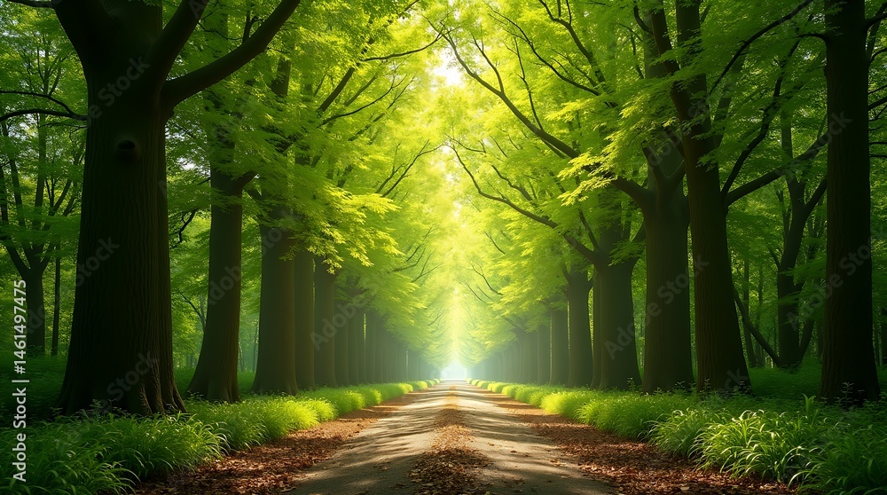Naklejka premium Tranquil forest pathway bathed in spring sunlight, with lush green trees forming a natural canopy and dappled light creating a serene, inviting atmosphere.