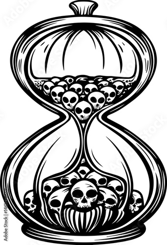 SVG vector of a Halloween-themed pumpkin skull design. Hourglass with Skulls Illustration Representing Time and Mortality