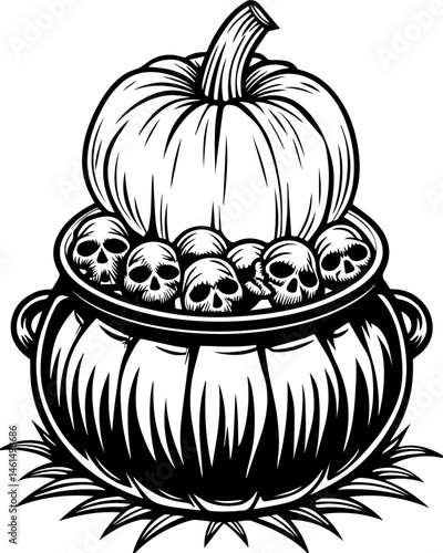 SVG vector of a Halloween-themed pumpkin skull design. Spooky Pumpkin with Skulls in Cauldron for Halloween Decoration