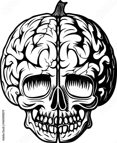 SVG vector of a Halloween-themed pumpkin skull design. Intricate Pumpkin and Skull Design with Brain Illustration