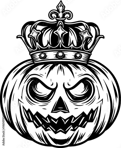 SVG vector of a Halloween-themed pumpkin skull design. Wicked Crowned Pumpkin with Menacing Expression for Halloween Art