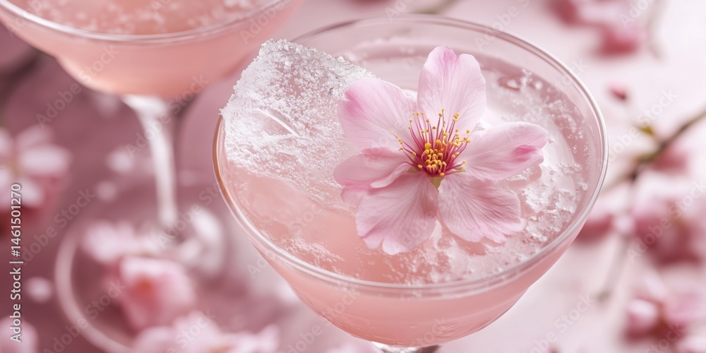 Pink cherry blossom cocktail with ice and floral garnish on pastel background Pink cherry blossom cocktail with ice and floral garnish on pastel background