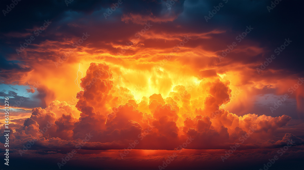 Fototapeta premium Dramatic sunset illuminates towering clouds over a serene landscape, casting vivid shades of orange and yellow across the evening sky