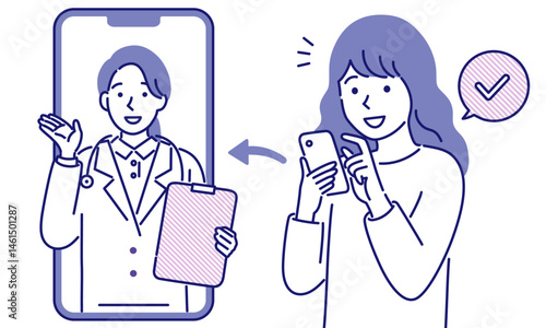 スマホでオンライン診察を受ける若い女性のシンプルなベクターイラスト