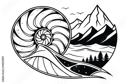 99 black and white illustration, abstract seashell, mountain peaks, ocean waves, surreal landscape, negative space, high contrast, minimalist design, organic shapes, flowing lines, nature fusion, symb